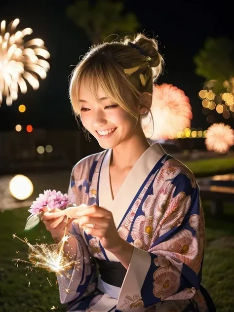 Realistic Face、Realistic、photograph、8ｋ、Night garden、A young slim Japanese woman wearing a yukata、Blonde、Hair style with hair tied up、Shaile、With a sparkler in hand、There are no fireworks in the night sky、Blonde hair style、Turn the fireworks down、Woman smil...