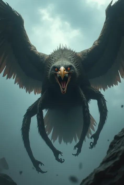 Eagle-Tarantula fusion Hybrid": "An unnerving beast with the powerful wings and beak of an eagle, combined with the hairy body and fangs of a tarantula, swooping down from a dark, foreboding sky."" Ultra HD high resolution 4K 