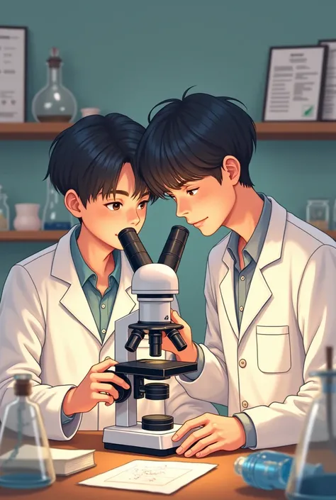 Give me a picture of a boy helping a boy using their microscope and wearing their lab coat cute picture  highschool students  make it look like teens make the hair of a boy like korean hair 2 by 2 they look like kids make it kinda older 20 yrs old not anim...