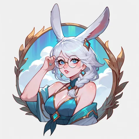 score_9, score_8_up, score_7_up, aurora (league of legends), 1girl, blue eyes, bunny ears, freckles, bangs, braid, sexy, sensual, full body, round glasses, summer, swimsuit, earrings, white hair, long eyelashes, big bust, high heels