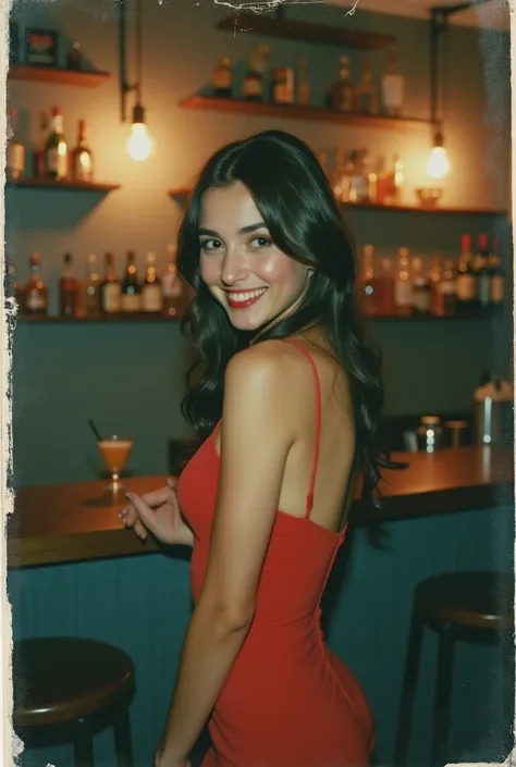 polaroid photo, night photo, smiling shyly, in  bar, photo of (: 1,5) cute babyface slim Turkish woman, pale skin, suggestive red dress, motion blur