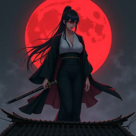 Long black hair、Hair tied up、、woman、kimono、A large red crescent moon is depicted in the background.、On the roof of an old building、Too much exposure、Red eyes、Cold look、profile、Anime Style、Black Haori、Belt around the waist、Look here、holding a long sword in ...