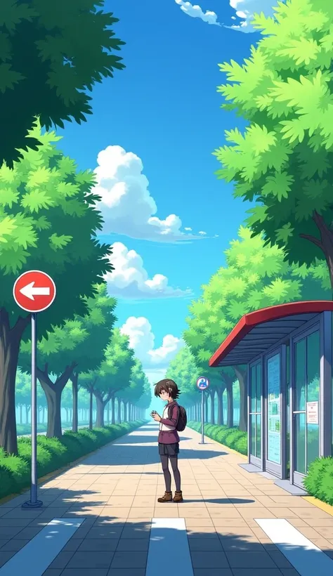 colorful anime sytle. "Draw a anime-style character standing at a bus stop, checking their watch with a curious expression. Around them, there should be trees, a bus stop sign, and a clear sky. The colors should be bright and cheerful." --ar 3:2 --v 5.2