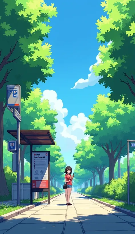 colorful anime sytle. "Draw a anime-style character standing at a bus stop, checking their watch with a curious expression. Around them, there should be trees, a bus stop sign, and a clear sky. The colors should be bright and cheerful." --ar 3:2 --v 5.2