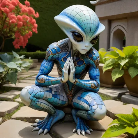 (Cute ceramic surface Alien), Sitting on a stone, Holding chin with both hands, Diffuse lighting, fantasy, complex, elegant, Colorful grid suit, Very detailed, Artworks of Yoshitaka Amano，Garden Background，