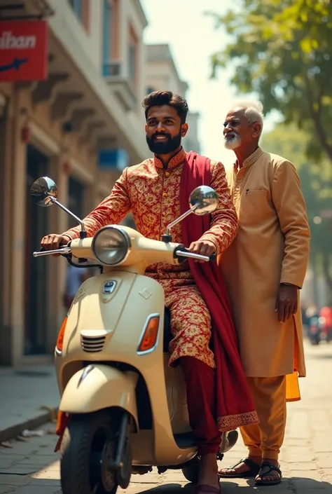 A scooter is parked in a corner, a boy is driving it, he is getting married, he is wearing his wedding sherwani and an uncle is standing with him, old uncle