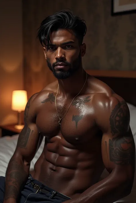 Handsome African men model, muscle, sweat, bedroom, sexy, bulge , sweating, hot, anime, tattoos, dark hair, hairy chest,  men face, naked, muscular, perfect muscular, top model, handsome face,tattoos, 