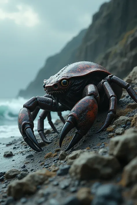 Crab-Snake fusion Hybrid": "A sinister entity with the hard shell and pincers of a crab, but with a long, sinuous snake body, slithering across a rocky shoreline with its claws ready to snap."" Ultra HD high resolution 4K 