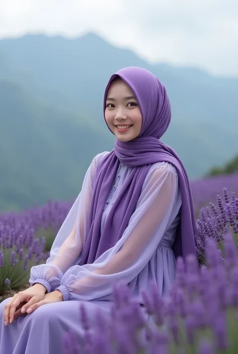 Beautiful Korean Girl , smooth white skin, well-groomed face,Transparent Green Purple Long Hijab,,,wearing a long wide dress.Purple,  Long Sleeve Balloon Model, transparent, The chest is covered smiling gracefully posing looking at the camera. Sitting grac...