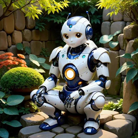 (Cute ceramic surface robot), Sitting on a stone, Holding chin with both hands, Diffuse lighting, fantasy, complex, elegant, Colorful grid suit, Very detailed, Artworks of Yoshitaka Amano，Garden Background，