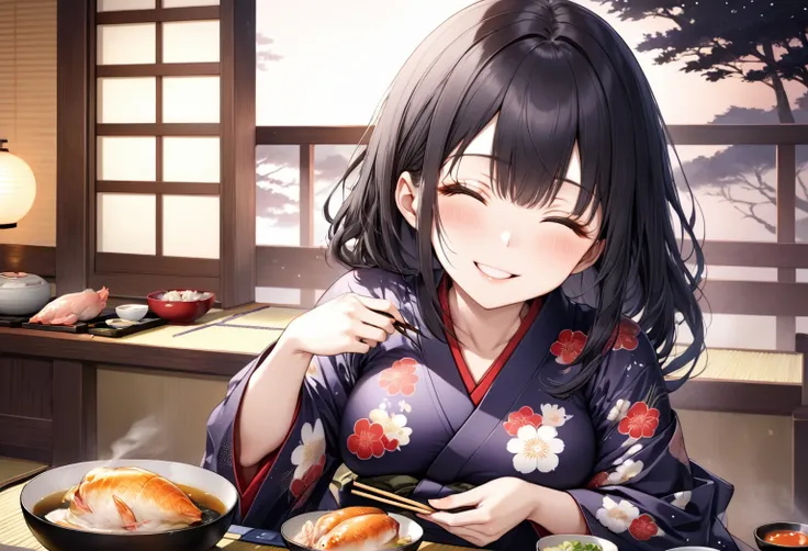 (eating  style), (solo:2, 18 yo), (beautiful detailed straight Hair) (beautiful detailed black hair long hair), (immensely beautiful cool girl) (beautiful sexy closed eyes) (sexy grin  smile) (glossy lip) (big tits), in a yukata, break, Sit upright, hand h...