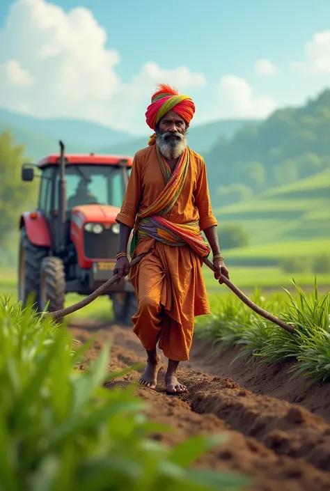 A young farmer wearing pagdi and dhoti while tilting the land with riding a tractor plough.