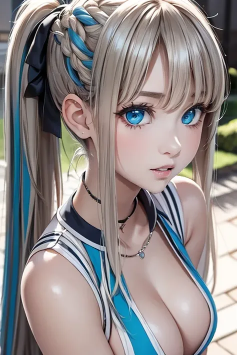 master piece,highres,4k.8k,Lifelike:1.5,Close-to-reality1.3,
full body,
Greige hair, ((highlights hair, Blue streaked hair:1.0)),
braided bangs,high ponytail,
turquoise blue eyes,	
glamorous,
mischievous,eighteen years old,
full body,full body,full body,
b...