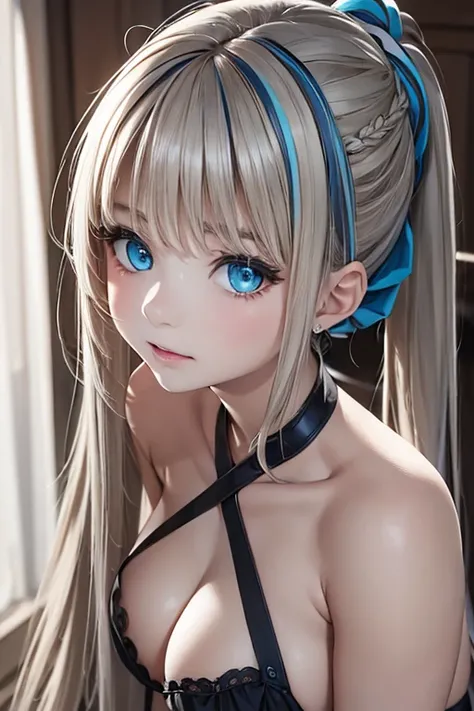 master piece,highres,4k.8k,Lifelike:1.5,Close-to-reality1.3,
full body,
Greige hair, ((highlights hair, Blue streaked hair:1.0)),
braided bangs,high ponytail,
turquoise blue eyes,	
glamorous,
mischievous,eighteen years old,
full body,full body,full body,
b...