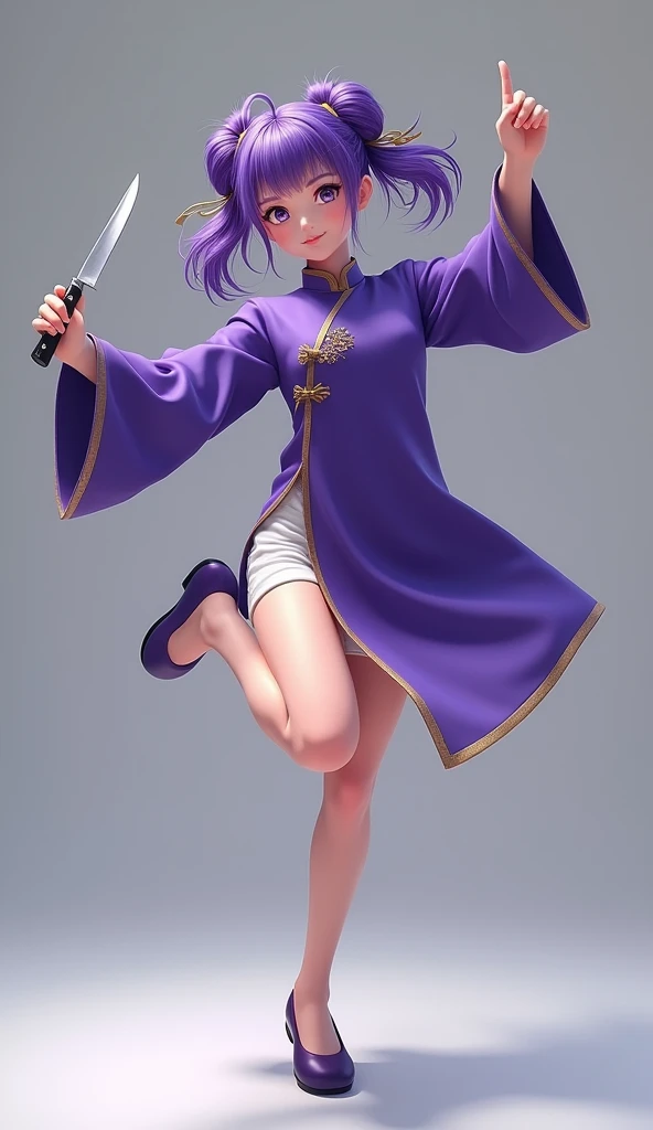 cool、1 girl、alone、Gazing at the audience、smile、Twin tails、Simple Background、Long sleeve、Holding a knife、Mouth closed、Are standing、Purple Hair、whole body、Chinese clothing、Lift your legs、Standing on one leg、Purple Chinese Dress、White shorts、purple shoes、No s...