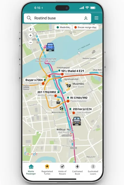 A map seen from a phone with several passenger buses indicating their routes , The map is like Google Maps 