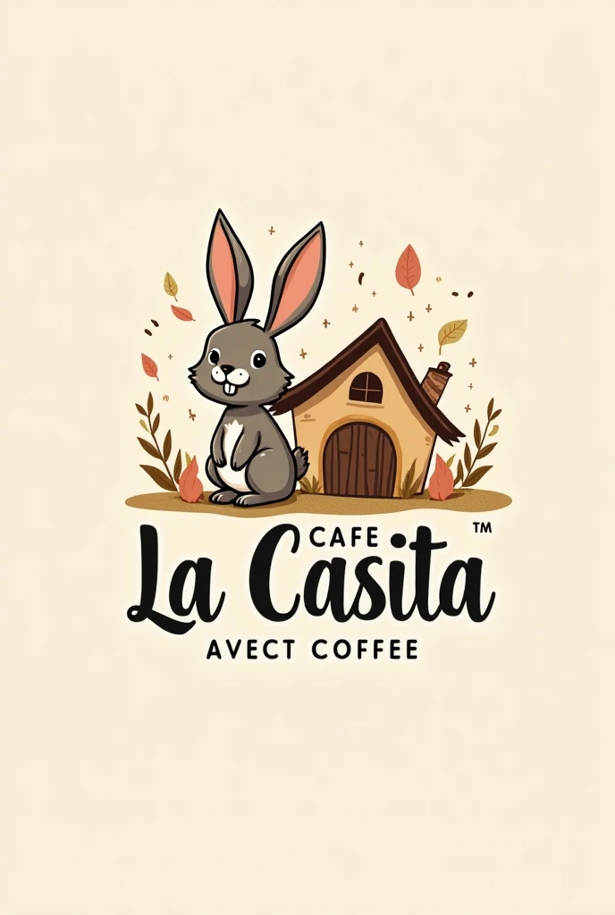 Create a modern design for a coffee brand, called cafe la casita includes a rabbit and a rustic house in the design
