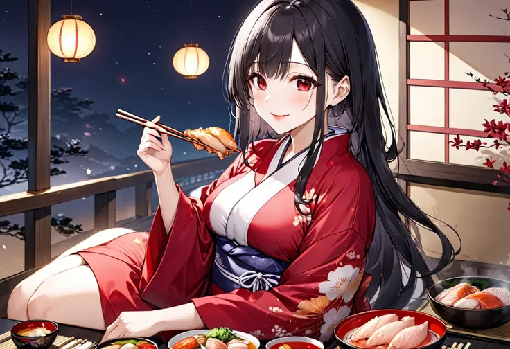 (eating  style), (solo:2, 18 yo), (beautiful detailed straight Hair) (beautiful detailed black hair long hair), (immensely beautiful cool girl) (beautiful cool red eyes) (cute happy smile) (glossy lip) (big tits), in a beautiful red color yukata, break, Si...