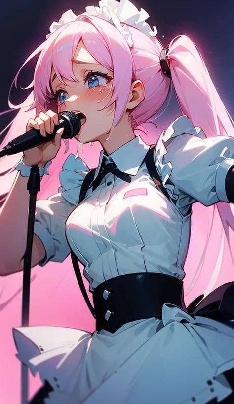 Pink and light blue high twin tails（Light）
A cute illustration of a maid-like girl holding a microphone and singing while crying