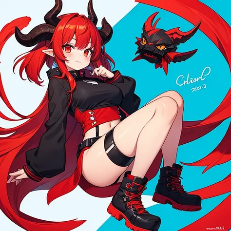 Dragon girl Hybrid. Cute. Red wings. Black horns.   girl. Red hair long. Solo. Human face. Clawed hands. Revealing two piece outfit. Full body. SOLO. Red wings. 