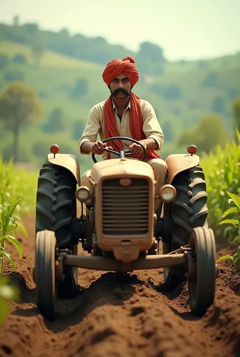 A young farmer wearing pagdi and dhoti with mustache while tilting the land sitting in a tractor plough.