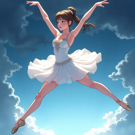 anime Illustration of a ballerina, white costume, tutu, pose with raised arms and legs, camera shot from below legs, exposed thighs.