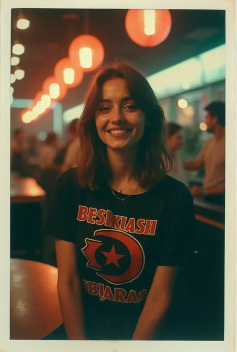 polaroid photo, night photo, smiling shyly, in  bar, photo of (: 1,5) cute babyface slim Turkish woman, pale skin, Besiktas shirt and skirt, motion blur