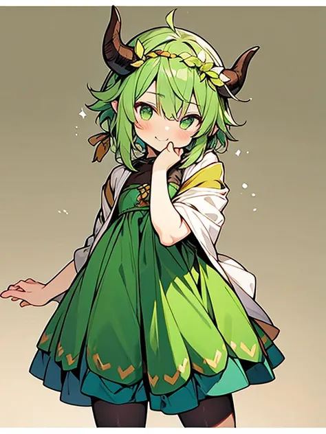 Super cute shota,druid,Simple green dress, Standing seductively ,laugh,
green hair, Wooden horns on the head