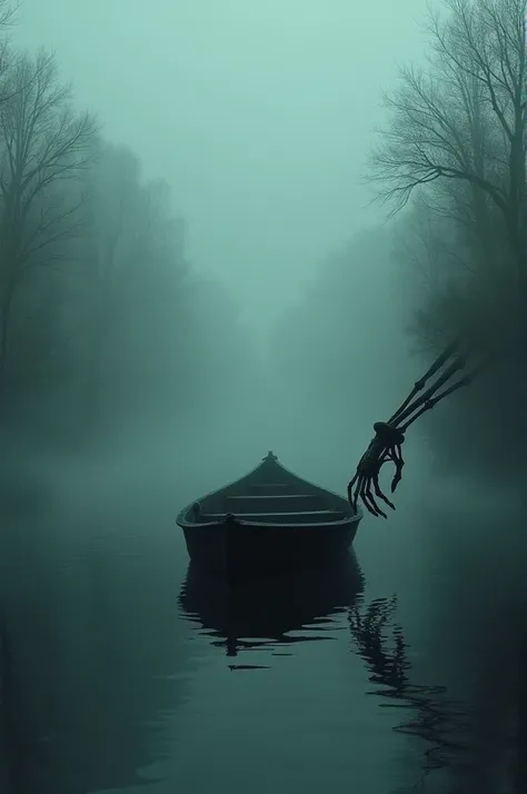 A dark, ominous river with a lone boat drifting aimlessly, shrouded in fog. A skeletal hand reaches out from the waters surface, grasping at the boats edge.