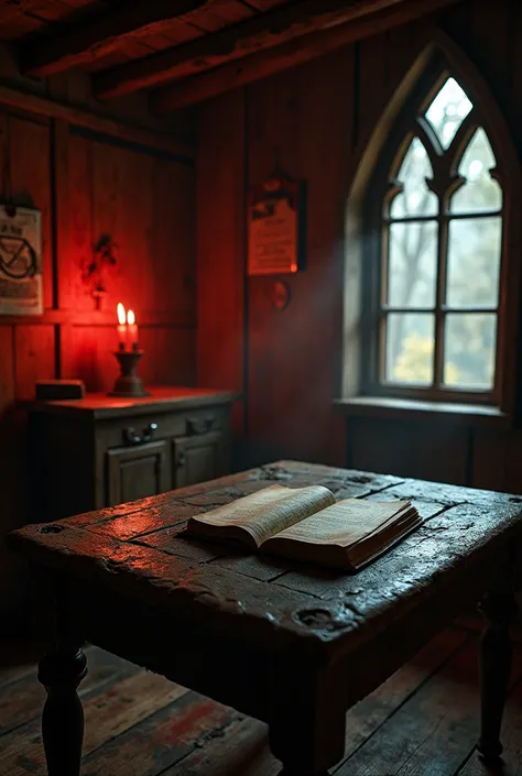 The interior of the cabin with strange symbols drawn on the walls, remains of candles and other ritual items. At the center, an open diary on a dusty old table. Red lighting should give a sinister tone to the environment..