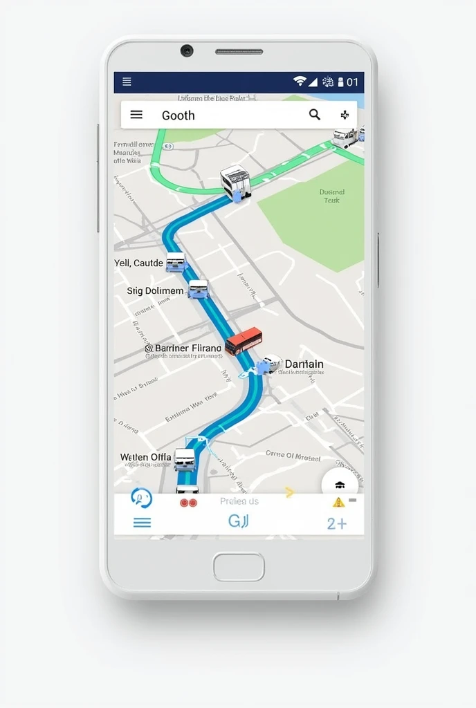 A map seen from a phone with several passenger buses indicating their routes , The map is like Google Maps and looks similar to Uber 