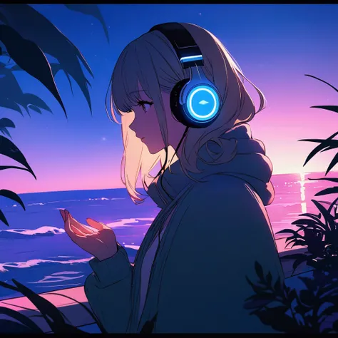 For the image, You could also feature a stylized illustration or a photo of a girl enjoying music., Put on your headphones, Soft lighting and a tranquil outdoor atmosphere、Surrounded by a calm atmosphere.　Clean your fingers