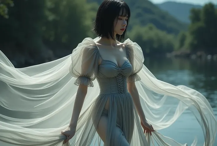 Asian woman wrapped in a transparent grey cloth mimicking a mermaid gown with a striking long train, puff sleeve, wear corset, the cloth clings tightly to her figure, shortblack straight hair, walking with poise, see through whole body, half naked, dramati...