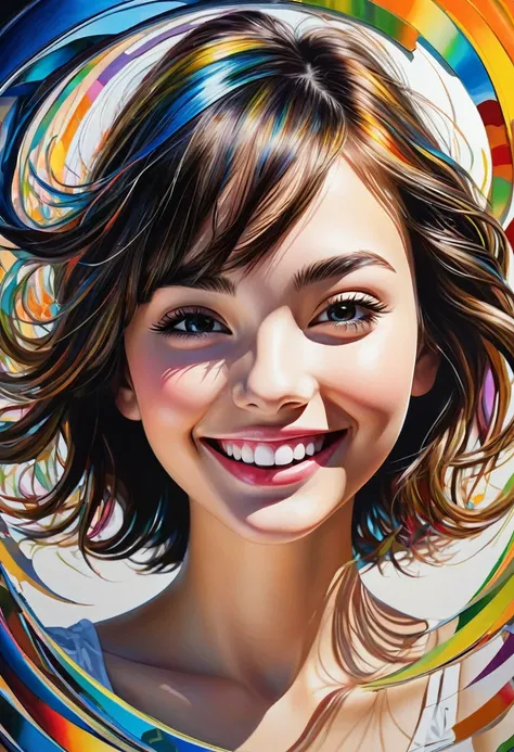 fusion of acrylic and collage paintings, high and fine artwork, cute teen, smile, shadows, contrast, conceptual installation art, (ultra detailed, absolutely resolution, best quality:1.3), 2.5D, delicate and dynamic effects, iridescent effects, artistic ph...