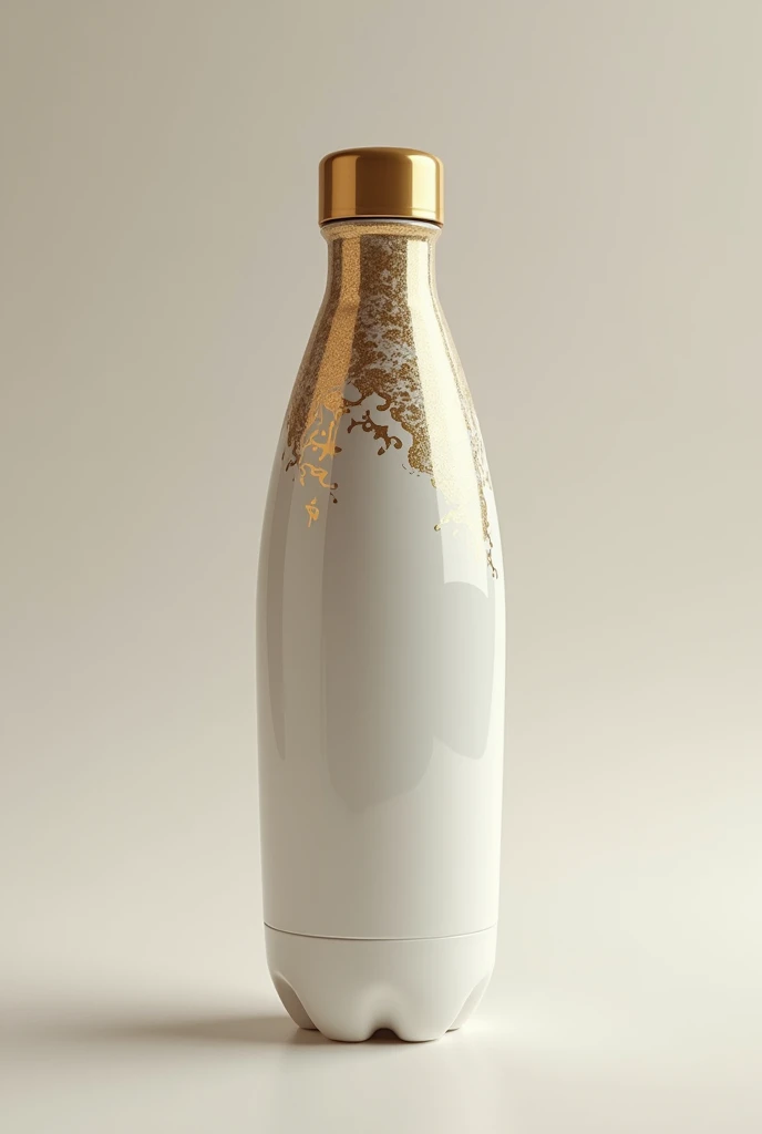 A bottle，Sports drink bottle shapes，Trendy bottle design，The surface is a streamlined ceramic design，Translucent gradient milky white thin ceramic material，There is a golden Chinese medicine pattern，Trendy bottle design，High-end，Gao Yade，Streamlined textur...