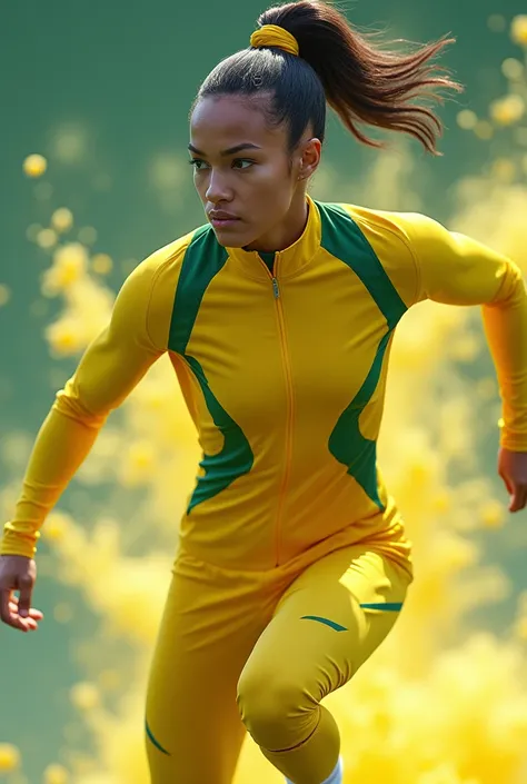 A yellow sports uniform, green and white, dynamic mass 