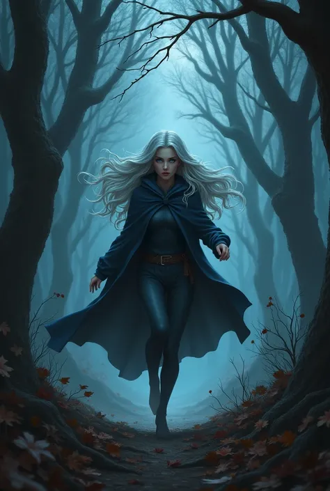 1girl, Long Hair, sliver hair, blue eyes, wearing a cloak runinv through a dark forest