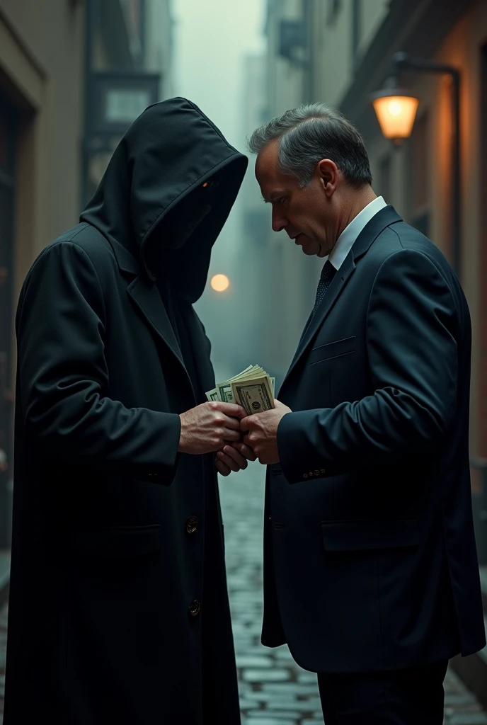 Hooded man giving money to a politician