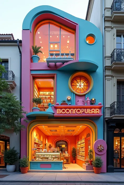 create a colorful stationery store facade in the form of architecture and interior design