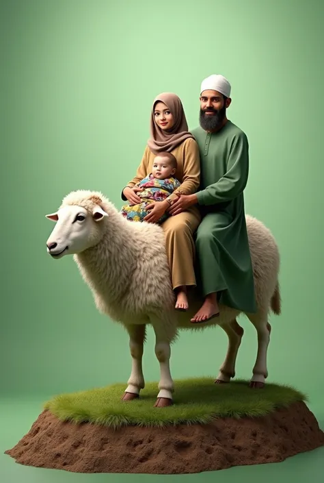 (photorealism:1.2), parents and baby in Muslim clothing riding a sheep. backgourd transparan. green nuance. Sheep standing on a grass circle with soil visible at the edges
