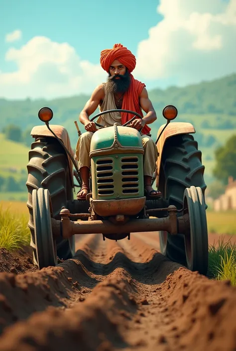 A young farmer wearing pagdi and dhoti with mustache while tilting the land sitting in a tractor plough. Show the tractor plough also