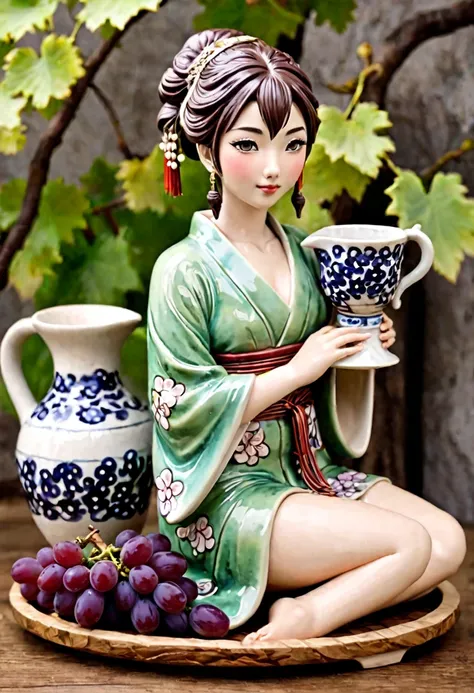 ceramic pitcher (cute woman, Yuna, flowing form clinging traditional Japanese dress among grape clusters, tasteful nudity, aged crackling in the glaze, ancient Chinese styling), on a display stand
