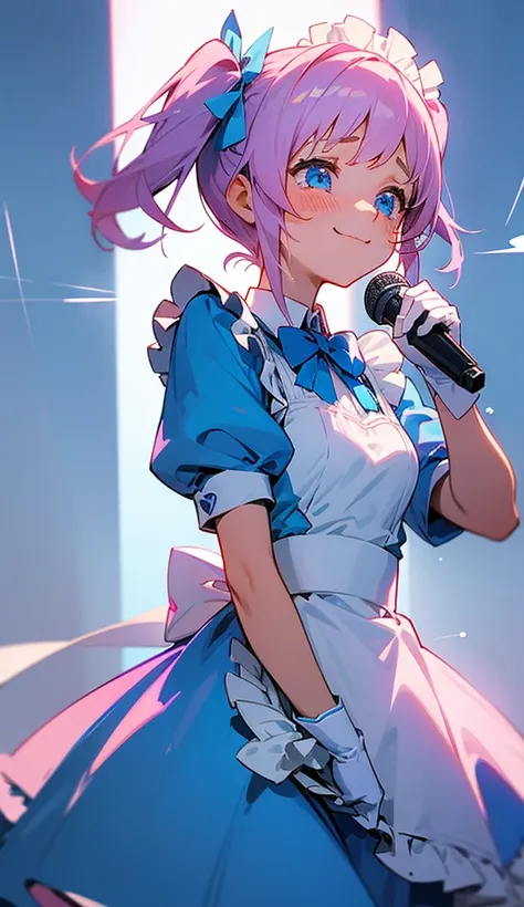 Pink and light blue medium-height twin tails with a blue ribbon（Light）
An illustration of a girl in a maid-like blue and white outfit, holding a microphone and smiling but with tears in her eyes as she sings