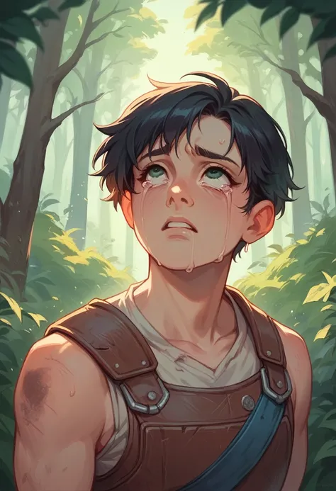 Gentleman with short black hair, wearing rusty armor looking up crying in a forest 