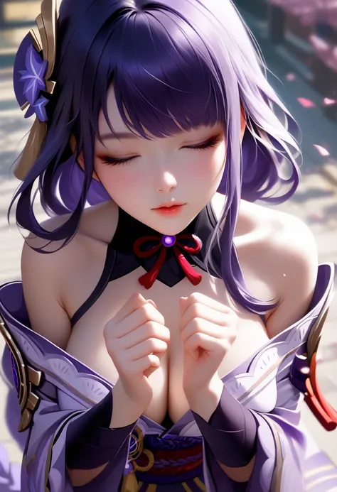 1girl ,score_9, score_8_superior, score_7_superior, High-resolution images,masterpiece,Highest quality,girl,Cute Face,,Poke out your lips, large breast ,Beautiful Skin,_Shogun_Genshin Impact, Purple long hair,Both eyes closed,Slouching,hold out both hands ...