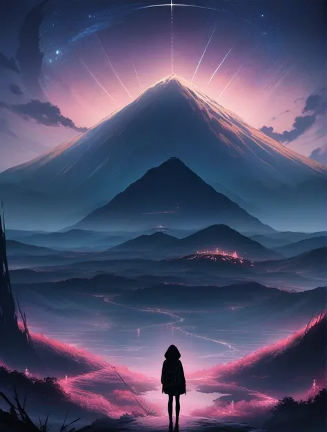 score_9, score_8_up, score_7_up, score_anime, masterpiece, top quality, delicate illustration, sharp lines, sharp focus, BREAK,Traveler girl wandering in the endless night world,girl wearing a hood,backpack full of stuff,night Otherworldly, Fantastic scene...