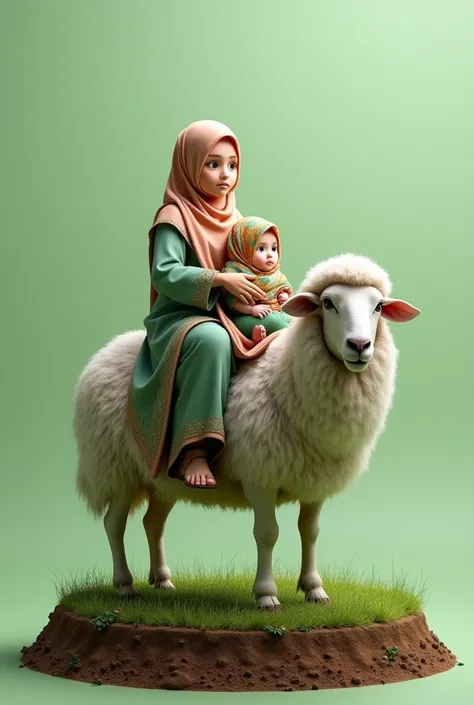 (photorealism:1.2), parents and baby in Muslim clothing riding a sheep. backgourd transparan. green nuance. Sheep standing on a grass circle with soil visible at the edges
