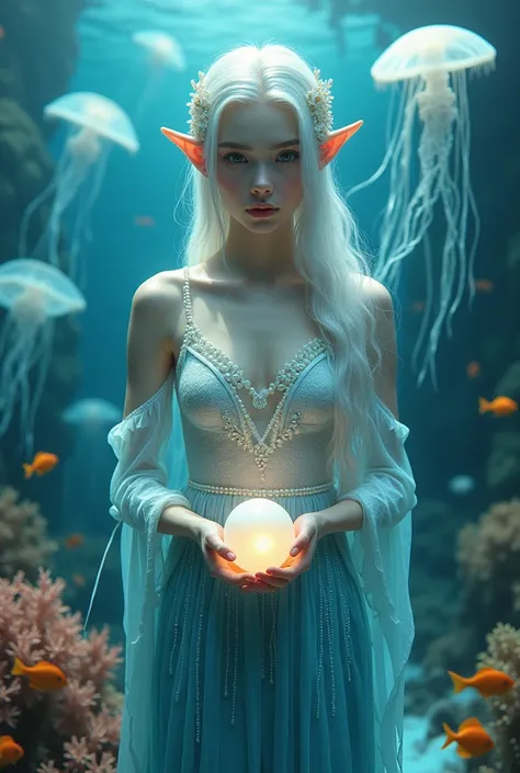 photorealistic photo, asian woman, White skin with sparkling shine, White hair adorned with pearls floats in the water., There is a blue mermaid tail., Pointed ears like elves, Holding a medium-sized round pearl, bright white., Facing straight, Behind them...