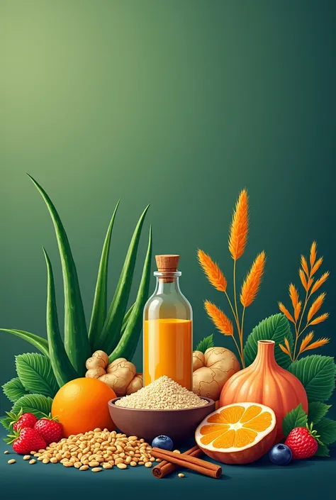 Create a gradient background with this color code #013120. The topic is diabetes, add things related to home remedies based on plants and also add healthy foods leave the image taken from these elements and leave a dark green that contrasts well with other...