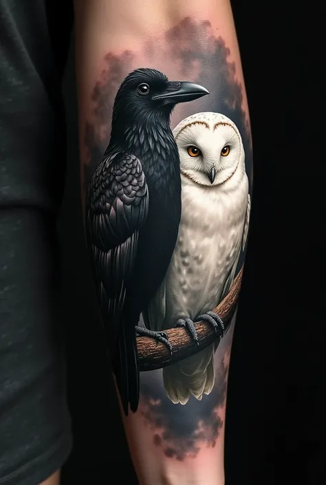 Generate a tattoo on the forearm where there is a crow and a white owl 